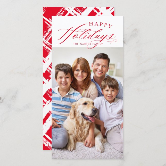 FAMILY PHOTO Happy Holidays calligraphy red  Holiday Card (Front/Back)