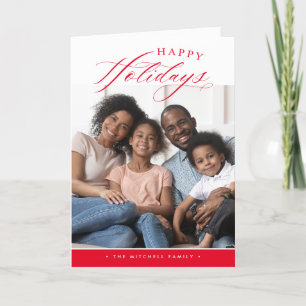FAMILY PHOTO Happy Holidays cute calligraphy red Holiday Card
