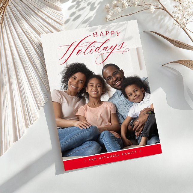 FAMILY PHOTO Happy Holidays cute calligraphy red  Holiday Card (Creator Uploaded)