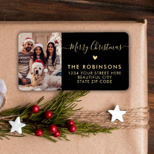 Family Photo Heart Script Christmas Return Address Label
