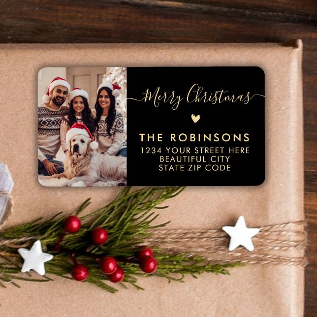Family Photo Heart Script Christmas Return Address Label (Creator Uploaded)