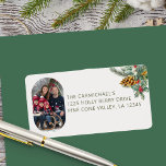 Family Photo Holly and Pine Christmas Address Label<br><div class="desc">Address label with photo, your name and address and a traditional bouquet of holly, pine and pine cone. The colours of the text and background can be changed in the design tool. Your photo is displayed in 16:9 portrait format and the photo template will automatically display them in a pill-shaped,...</div>