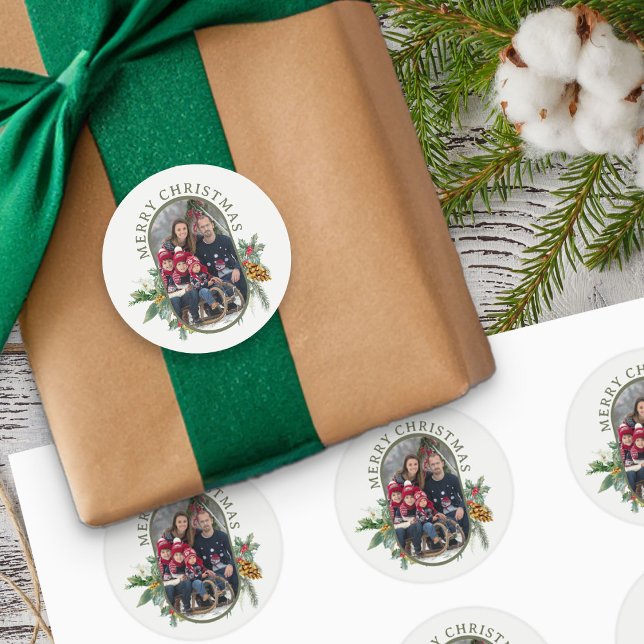 Family Photo Holly and Pine Merry Christmas Classic Round Sticker (Merry Christmas Photo Stickers from Rounded Lozenge Photo Collage collection)