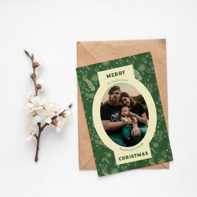 Family photo in green floral doodle holiday card (Creator Uploaded)