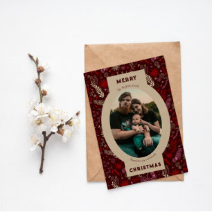 Family photo in maroon floral doodle holiday card