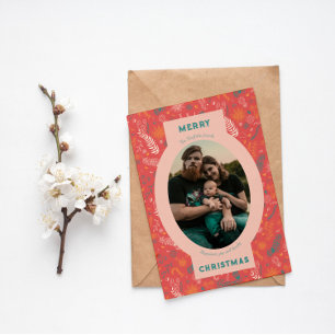 Family photo in orange floral doodle holiday card