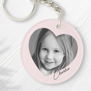 Family photo inside heart with name pink key ring