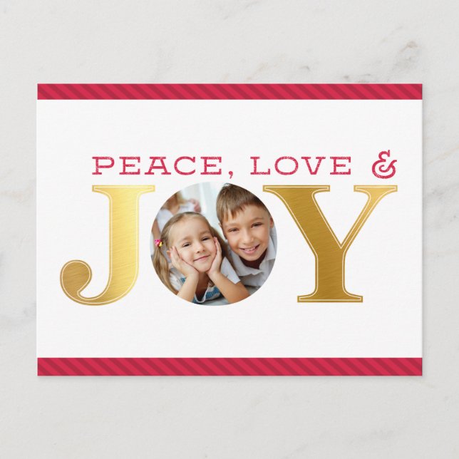 FAMILY PHOTO JOY simple bold modern red and gold Holiday Postcard (Front)