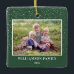 Family Photo Keepsake Snow Green Christmas Ceramic Ornament<br><div class="desc">This green Christmas ornament features a horizontal photo and is accented with a graphic of light snow. Personalise this square family ornament with your favourite photo,  name and year.</div>