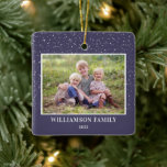 Family Photo Keepsake Snow Purple Christmas Ceramic Ornament<br><div class="desc">This square Christmas ornament features a horizontal photo on a dark purple background accented with a graphic of light snow. Personalise this family ornament with your name and year.</div>
