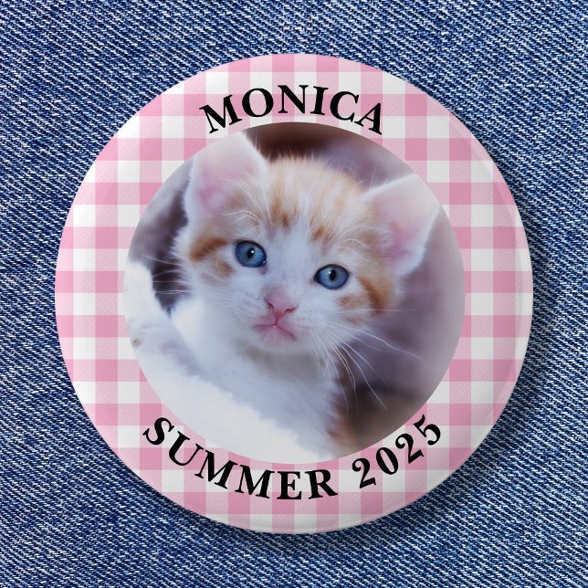 Family Photo Light Pink Buffalo Check Border 6 Cm Round Badge (Family Photo Light Pink Buffalo Plaid Border Button)