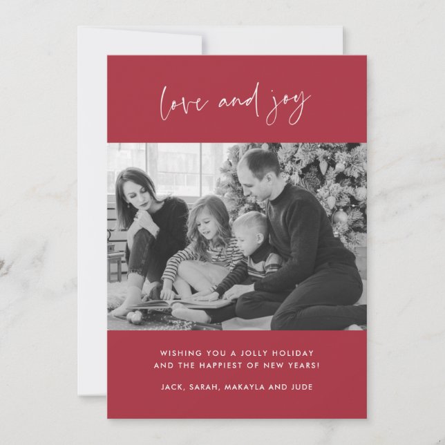 Family Photo Love and Joy Red Plaid Christmas Card (Front)