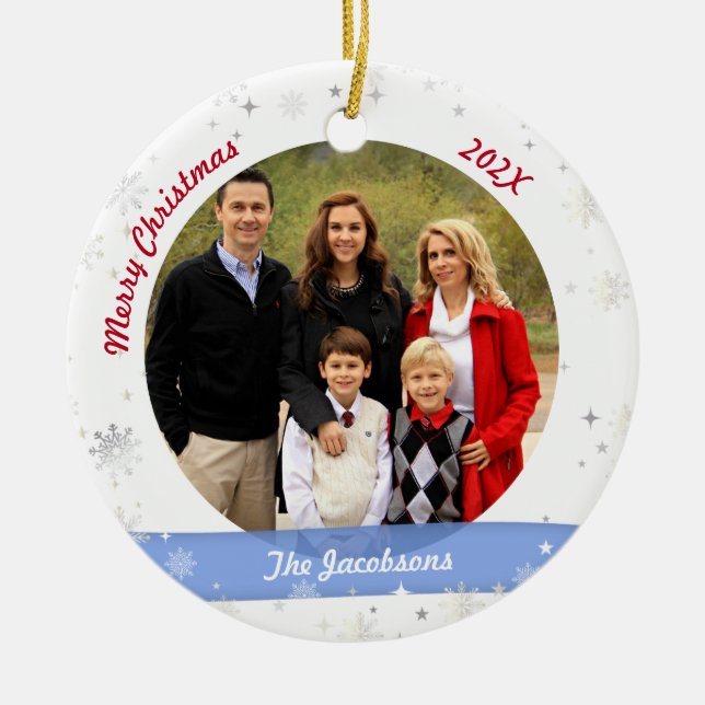Family Photo Love Godmother Modern Snowflakes Xmas Ceramic Tree Decoration (Front)