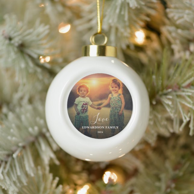 Family photo Love script family name christmas Ceramic Ball Christmas Ornament (Tree)