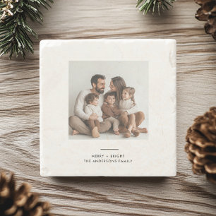 Family Photo & Merry and Bright Minimalistic  Stone Coaster