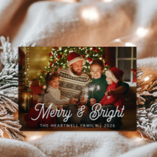 Family Photo Merry and Bright White Script Holiday Card