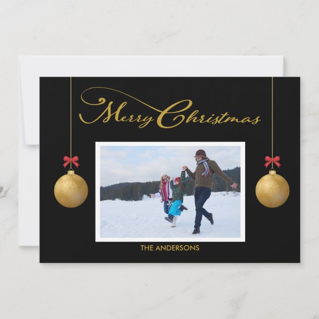 Family Photo Merry Christmas Calligraphy Black Holiday Card (Front)