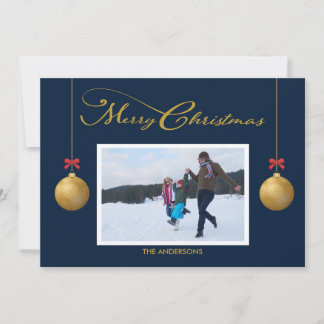 Family Photo Merry Christmas Calligraphy Blue Holiday Card