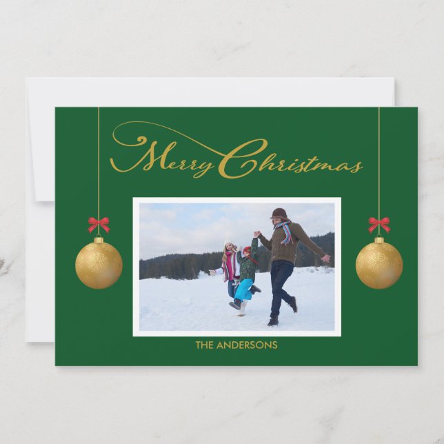 Family Photo Merry Christmas Calligraphy Green Holiday Card (Front)