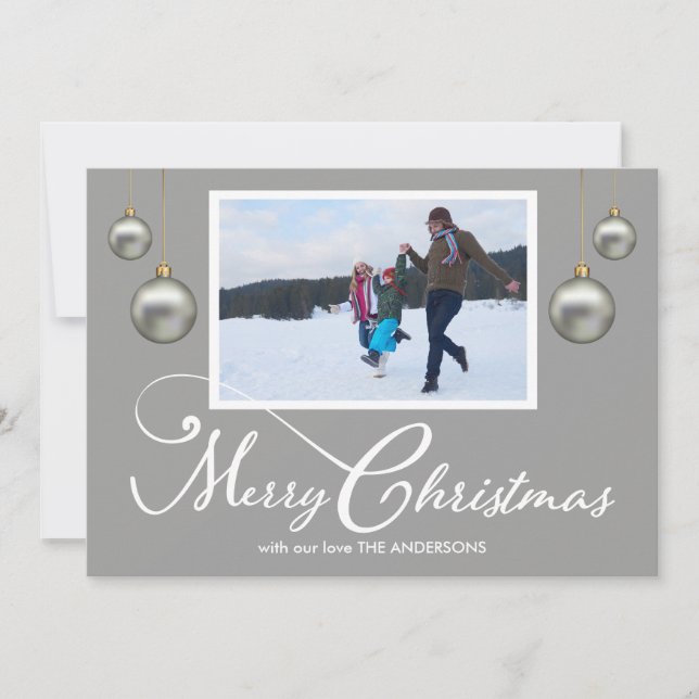Family Photo Merry Christmas Calligraphy Grey Holiday Card (Front)