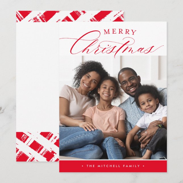 FAMILY PHOTO Merry Christmas cute calligraphy red Holiday Card (Front/Back)