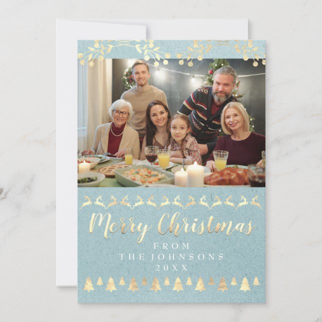 Family Photo Merry Christmas Gold Kraft Blue Holiday Card (Front)