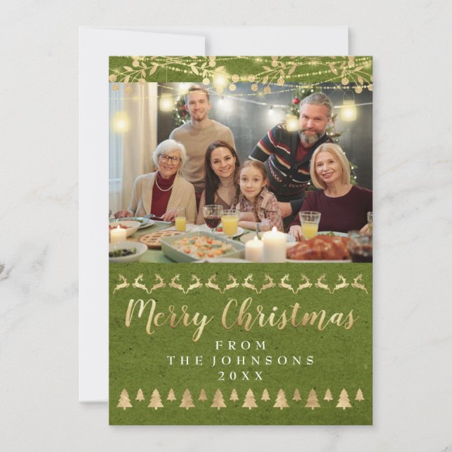 Family Photo Merry Christmas Gold Kraft Green Holiday Card (Front)