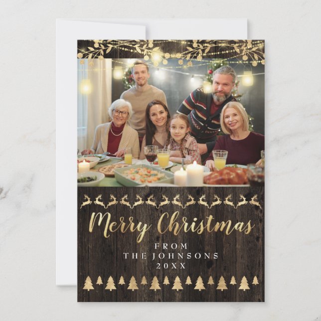 Family Photo Merry Christmas Gold Lights Rustic Holiday Card (Front)