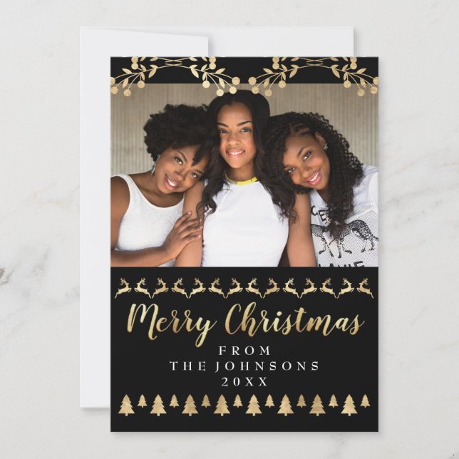 Family Photo Merry Christmas Gold Ornamental Holiday Card (Front)