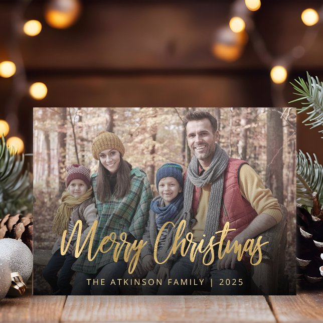 Family Photo Merry Christmas Gold Script Beige Holiday Card (Creator Uploaded)
