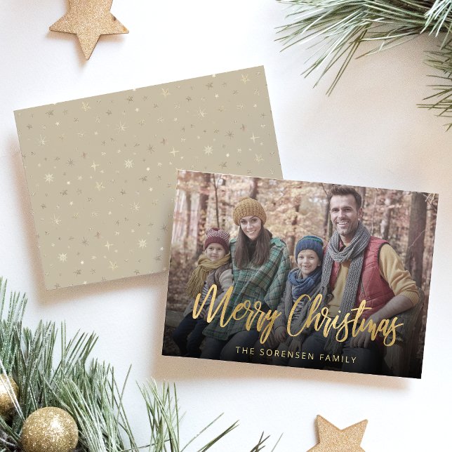 Family Photo Merry Christmas Gold Script Beige Holiday Card (Creator Uploaded)