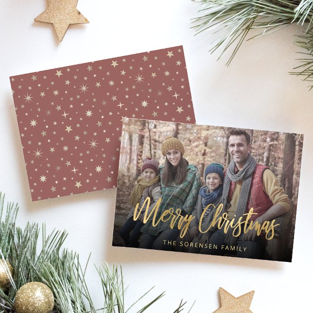 Family Photo Merry Christmas Gold Script Holiday Card (Creator Uploaded)