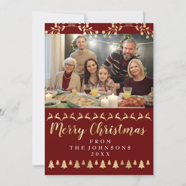 Family Photo Merry Christmas Golden Script Burgund Holiday Card (Front)
