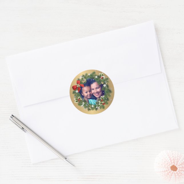 Family Photo Merry Christmas Happy New Year Classic Round Sticker (Envelope)