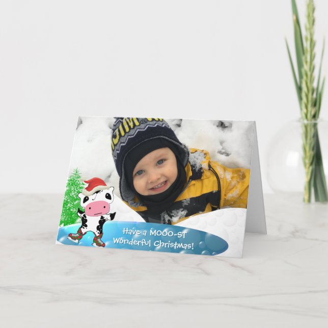 Family Photo Merry Christmas Kawaii Dancing Cow Holiday Card (Front)