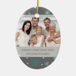 Family Photo Merry Christmas Ornament Grey Aqua