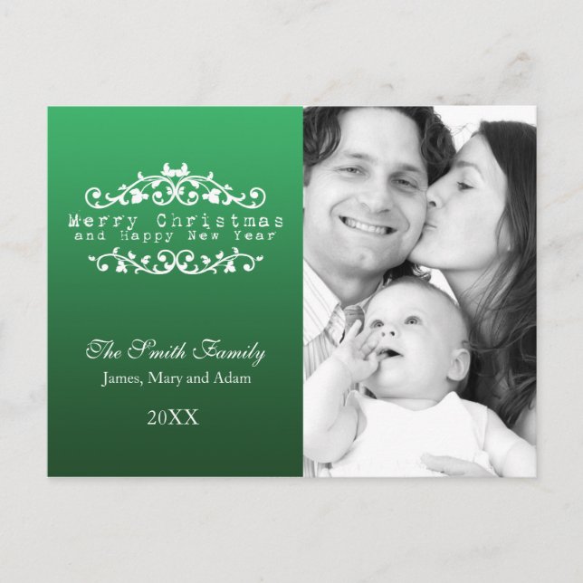 Family Photo Merry Christmas Ornamental Green Holiday Postcard (Front)