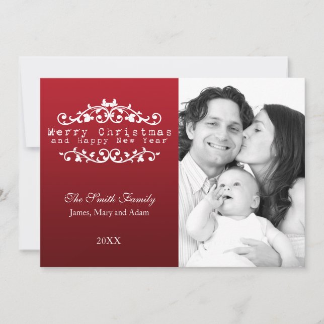 Family Photo Merry Christmas Ornamental Red Holiday Card (Front)
