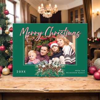 Family Photo Merry Christmas Pinecone Red Berries Invitation