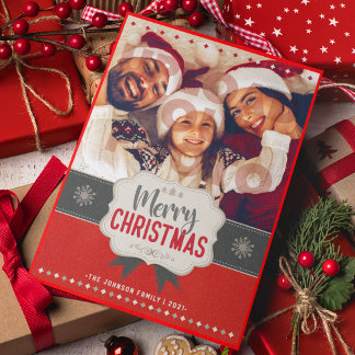 Family Photo Merry Christmas Red Vintage Card