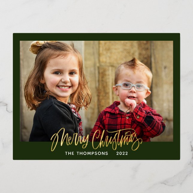 Family Photo Merry Christmas Script Gold Foil Holiday Postcard (Front)