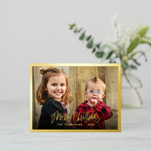 Family Photo Merry Christmas Script Gold Foil Holiday Postcard