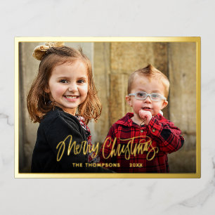 Family Photo Merry Christmas Script Gold Foil Holiday Postcard