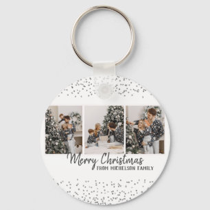 Family Photo Merry Christmas Silvr confetti Key Ring