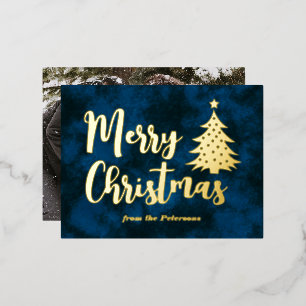 Family Photo Merry Christmas Tree Blue Gold Foil Holiday Postcard