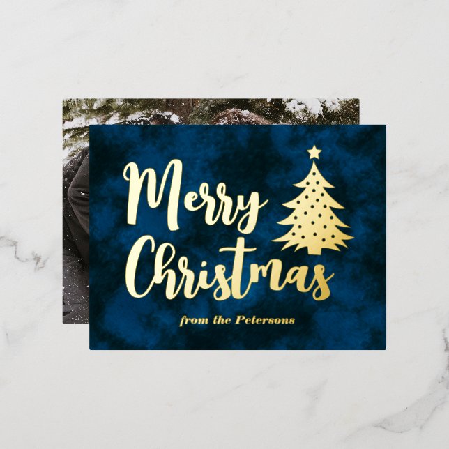 Family Photo Merry Christmas Tree Blue Gold Foil Holiday Postcard (Front/Back)
