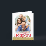 FAMILY PHOTO minimal modern arch gold red Holiday Card<br><div class="desc">by kat massard >>> WWW.SIMPLYSWEETPAPERIE.COM <<<
An on trend card design featuring the quote "HAPPIEST HOLIDAYS" with combined arch shape for your favourite photo with text layered over the bottom.
CONTACT kat@simplysweetpaperie.com if you need a hand to get your photo to fit perfectly</div>