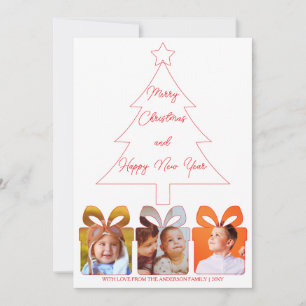 Family Photo Minimalist Red Line Christmas Tree Holiday Card