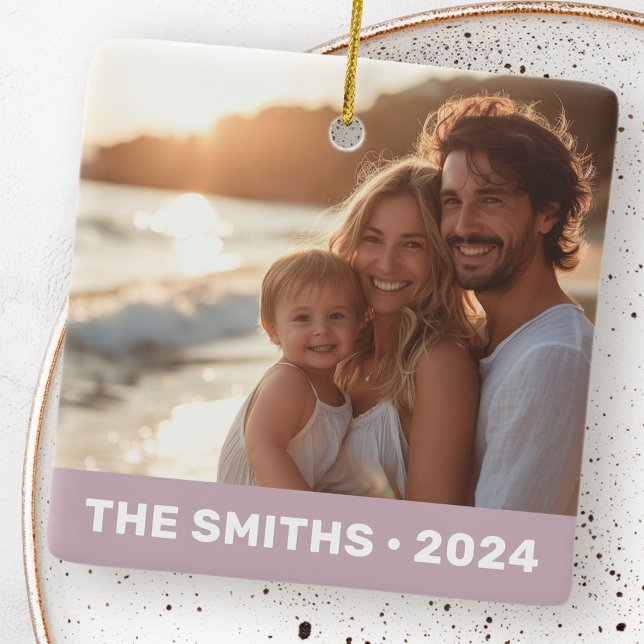 Family photo modern dusty purple name year ceramic ornament (Family photo modern dusty purple name year ceramic ornament)