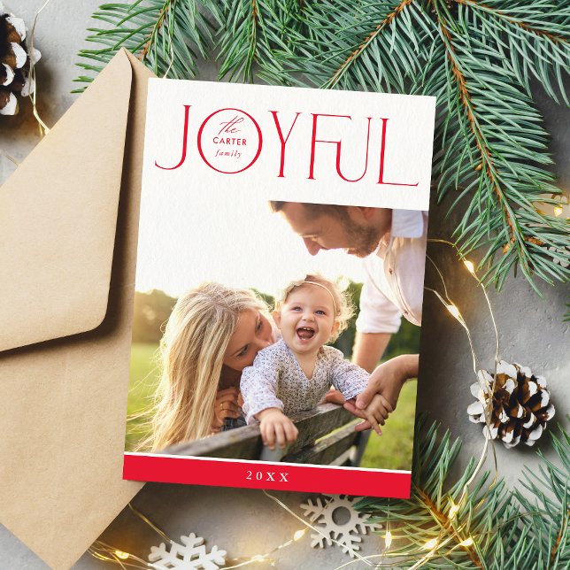 FAMILY PHOTO modern elegant typography JOYFUL red Holiday Card (Creator Uploaded)